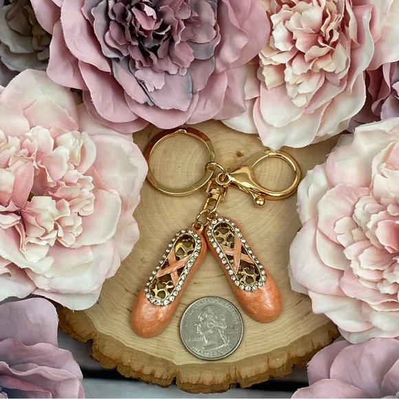 Crystal Peach Ballet Slippers Keychain Charm - Picture 6 of 7